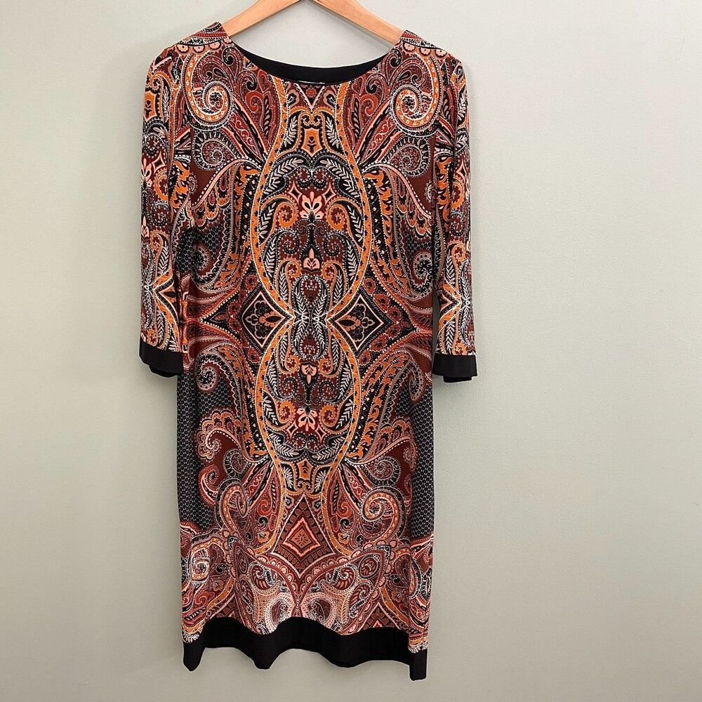 Sandra Darren Paisley Dress Womens 10 Brown Stretch 3/4 Sleeve Knee Length Boho